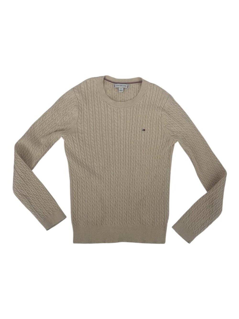 Tommy Hilfiger Sweater Small Beige Cable Knit Crewneck Cotton Classic Preppy